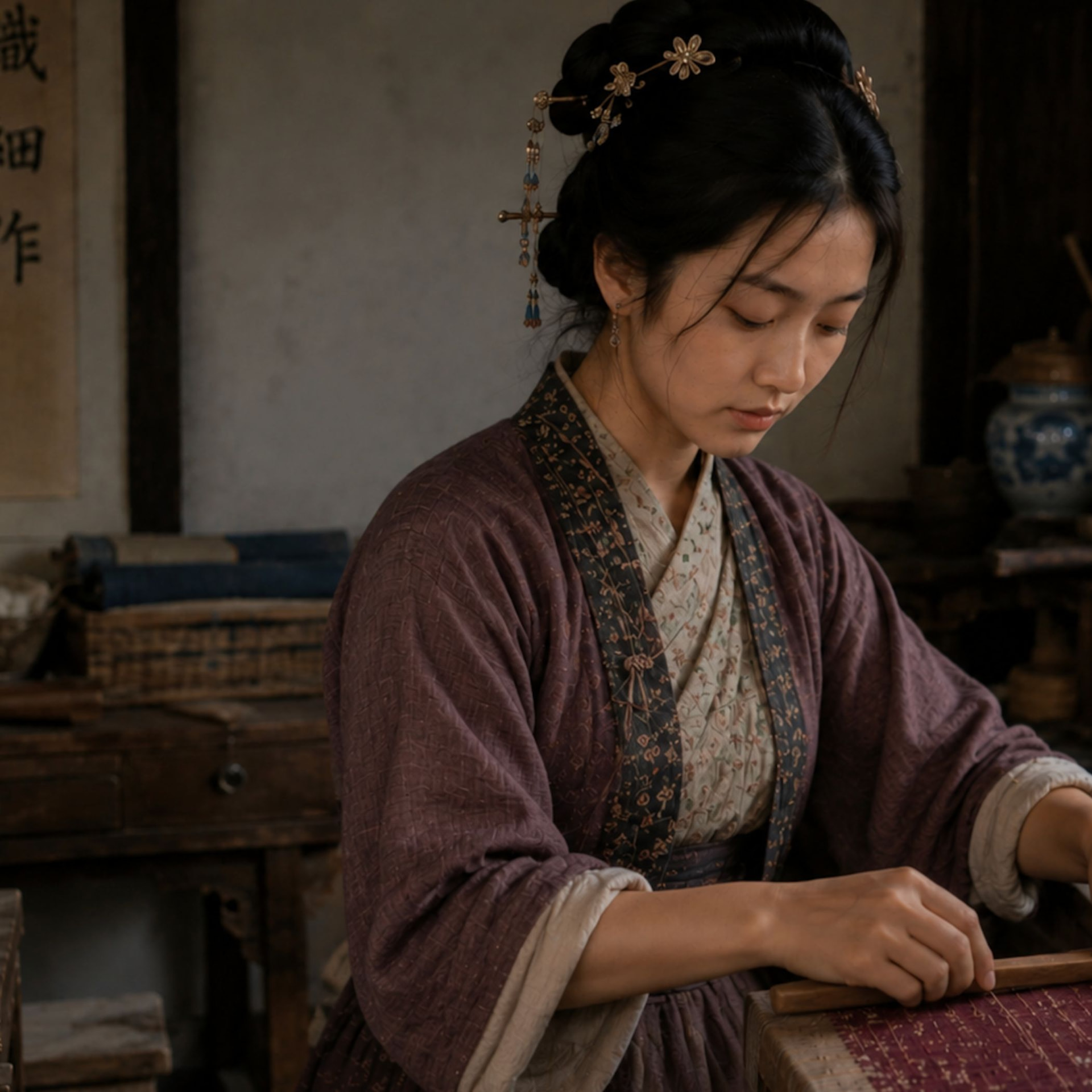 Xiu Ying, a twenty-three-year-old silk weaver in 1896 Suzhou, working with deep red silk at a wooden loom