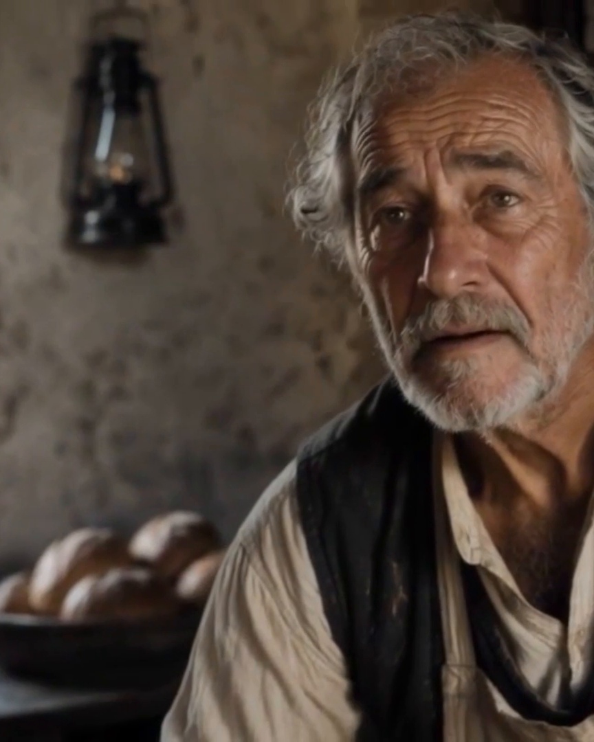 Domingo, an elderly baker, standing in his candlelit bakery beside baskets of bread in a still from the Archive Voices film