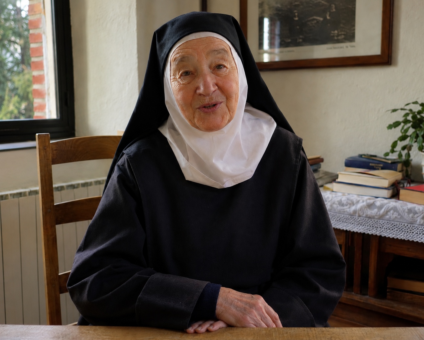 Sœur Marie-Bernard, an elderly Cistercian Bernardine nun in a black habit and white wimple, seated at a wooden table in a sunlit monastery room