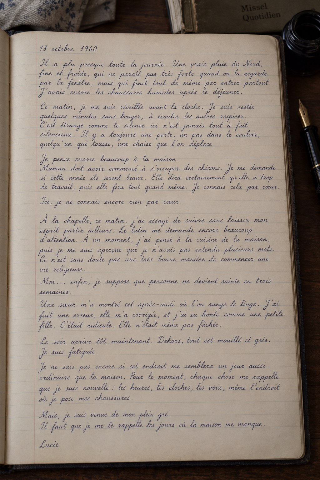 Reconstructed handwritten diary page by nineteen-year-old Lucie Carlier, dated 18 October 1960, presented in French cursive with a fountain pen.