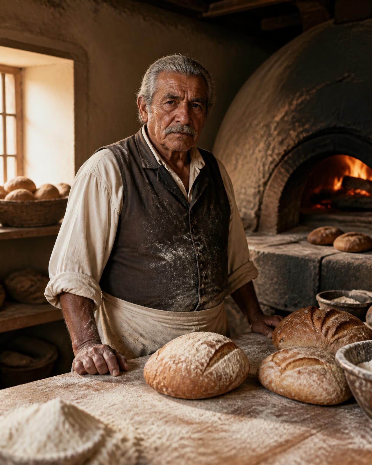 An elderly master baker standing at a flour-covered wooden table beside a wood-fired brick oven in a nineteenth-century Puebla bakery