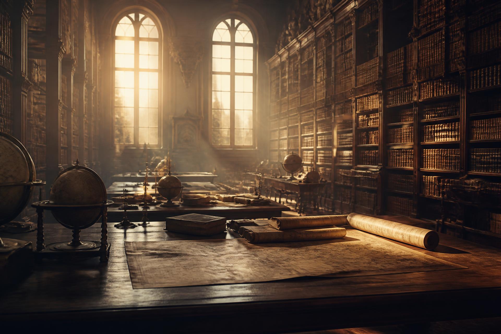 A sunlit historical archive at dawn with towering bookshelves, globes, and maps spread across a long reading table