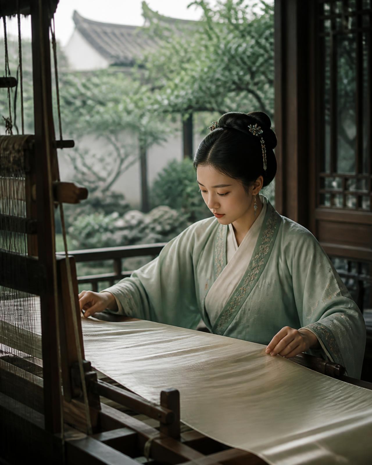A young silk weaver at a wooden loom in a Suzhou workshop, pale silk stretched before her and a garden courtyard beyond the open screen